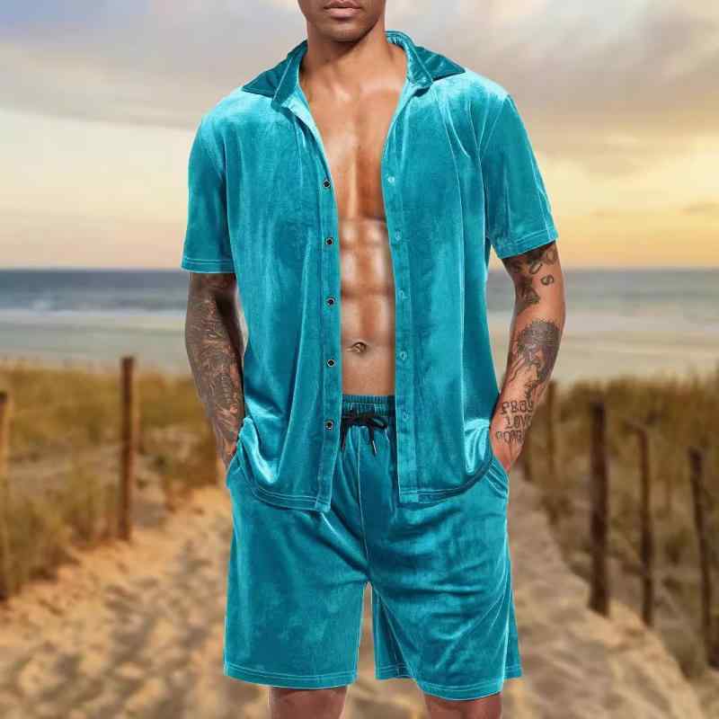 メンズ カジュアル セットアップ スポーツ 部屋着 無地 ベロア 開襟シャツ 半袖 ショートパンツ 上下セット 春夏 ゆったり 快適