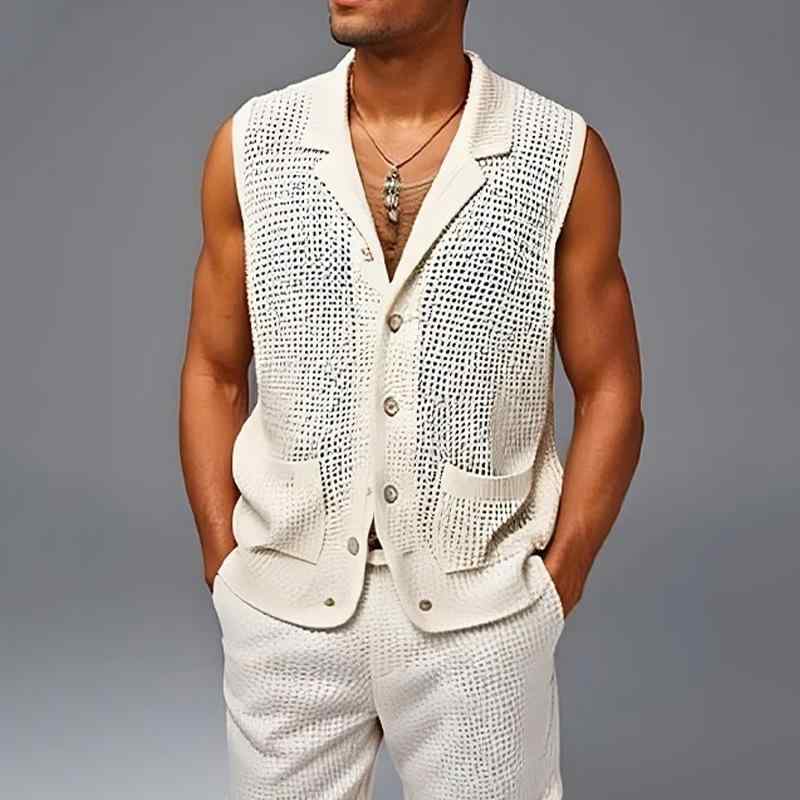 セットアップ メンズ 春夏 スポーツカジュアル デイリーユース ゆったり メッシュ ノースリーブシャツ ショートパンツ ニット ポリエステル オフホワイト