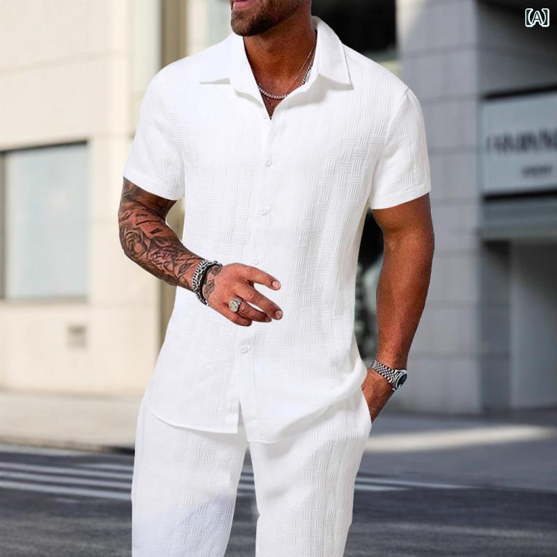 セットアップ メンズ カジュアル ビジネス スポーツウェア 春夏 襟付きシャツ 半袖 長パンツ 2点セット ポリエステル素材 普段使い リラックスウェア