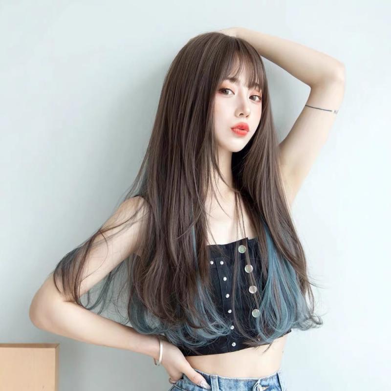 ウィッグ レディース ロングカール ロングストレート 梨花ヘア 自然な仕上がり ぱっつん前髪 ハイライ..