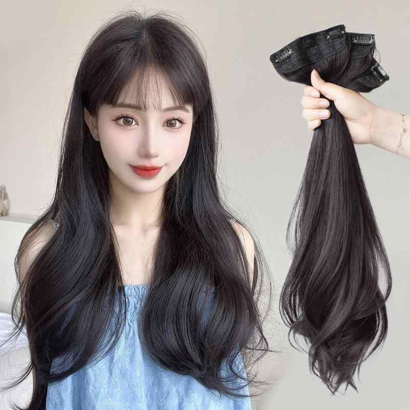ウィッグ レディース ミディアムロング 韓国風 微カール シームレス 増毛 3枚セット 耐熱ファイバー 染色パーマ不可 前髪調整可能 黒髪 ブラウン
