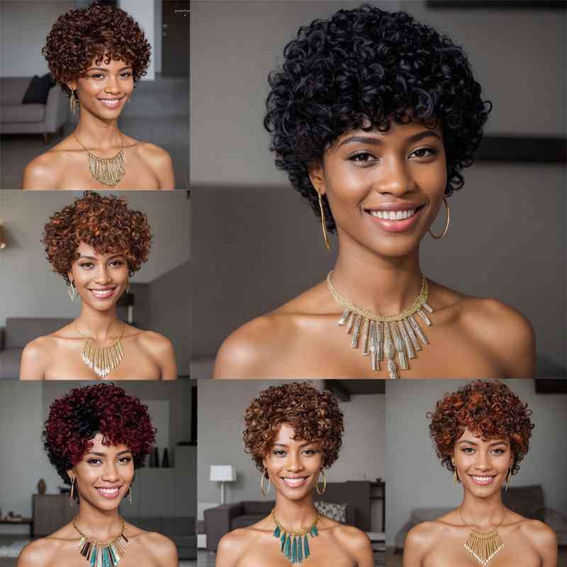ウィッグ レディース 人毛 ショート アフリカンスタイル 巻き髪 マシンメイド 軽量 パーマ対応 染色可..