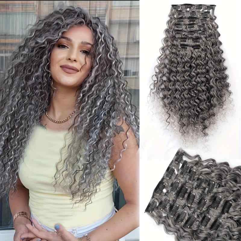 襟足ウィッグ レディース ワンタッチ クリップ式 耐熱ファイバー アッシュグレー 細巻き ウェーブ エクステ 7枚セット ロング 長さ出し 自然な仕上がり 部分...