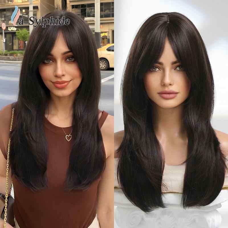 ウィッグ レディース フルウィッグ 高温耐熱ファイバー ロングストレート 八の字前髪 センター分け 自..