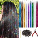 ヘアエクステ レディース 虹色 ホログラム ラメ キラキラ ストレート ブレイズ 編み込み かぎ針編み 46cm 耐熱ファイバー ダンス イベント コスプレ 仮装 ポニーテール 自然 軽量(x5)