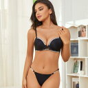 ブラジャー&ショーツセット レディース 寄せ上げ 脇肉カバー 垂れ防止 補正 セクシー 光沢感 ビーズ装飾 クロスストラップ 透かしデザイン 3/4カップ 下厚...