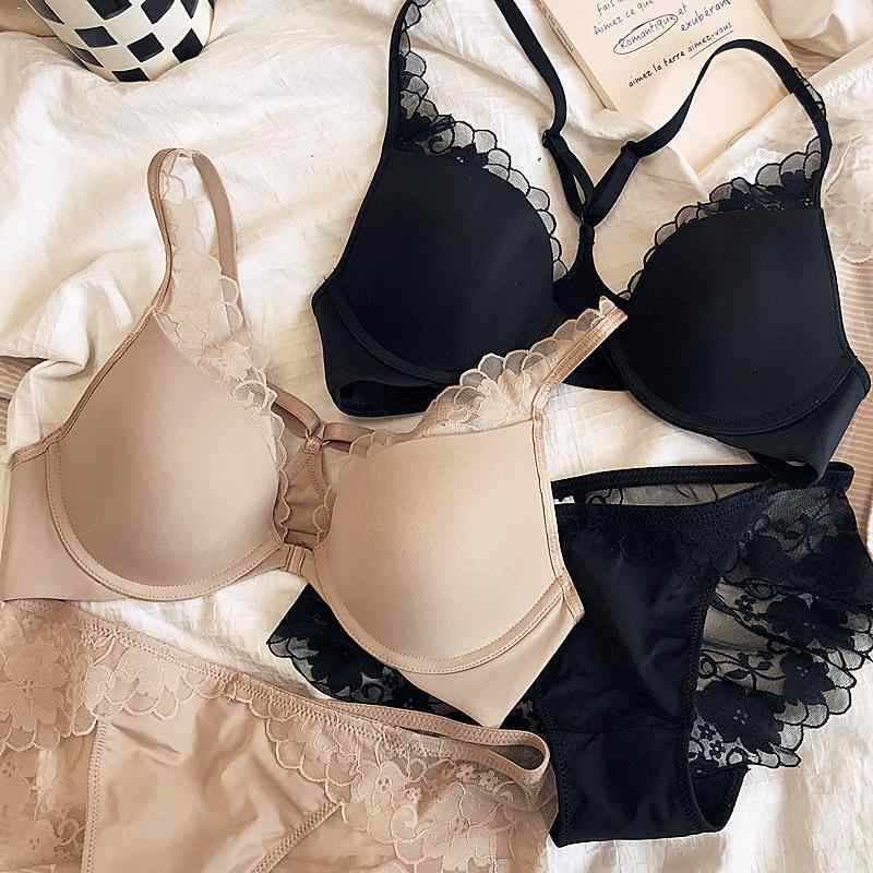 ブラジャー ショーツ セット レディース 谷間メイク プッシュアップ フロントホック 美背デザイン 薄手 レース セクシー 通気性 スムース 光沢感 快適 コットン混 ナイロン混 脇高サイドプッシュ 3/4カップ