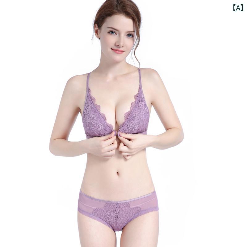 ブラジャー レディース ノンワイヤー フロントホック Y字バック レース シームレス 通気性 薄手 三角カップ 3/4カップ 快適 セクシー ブラショーツセット