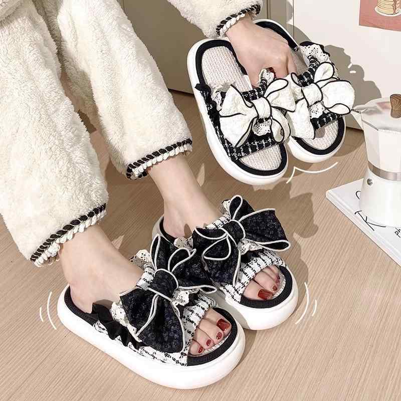 スリッパ レディース 静音 滑り止め 吸汗速乾 耐久性 麻 リボン フローリング対応 ルームシューズ オールシーズン つま先カバー かわいい