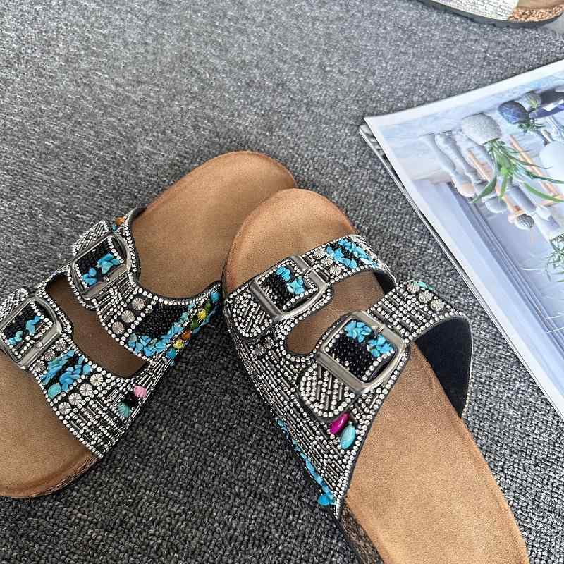レディース サンダル フラット ダブルバックル ラインストーン エスニック コルク ビーチ 軽量 滑り止め 合成皮革 夏(x200)