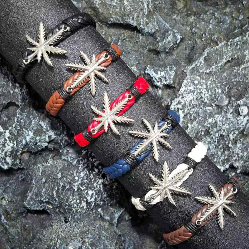 ブレスレット ユニセックス サイズ調整可能 ハンドメイド レザー 革 合金 電気メッキ加工 メープルリーフ リーフ パンク 個性的 バングル(x100)