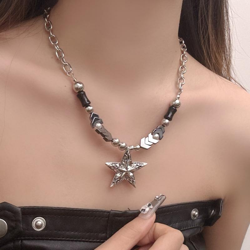 ネックレス メンズ 重厚感 電気メッキ加工 スター パンク Y2K 甘辛ミックス ゴシック 欧米風 デザイン チョーカー ロングネックレス 男女兼用 鉄チェーン製 ビーズ ガラス
