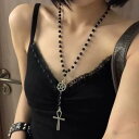 ネックレス ユニセックス 十字架 黒ビーズ ペンダント ダーク ゴシック パンク レトロ 高級感 電気メッキ加工 重ね付け 万能 軽量 合金製 鎖骨丈 おしゃれ
