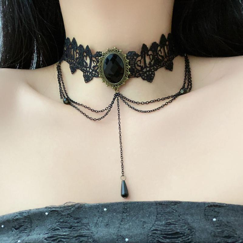 ネックレス レディース 多層 電気メッキ加工 合金製 十字架 チェーン クリスタル パンク ゴシック ダークロリータ 個性派 甘辛ミックス チョーカー ハロウィン