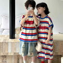 キッズ ジュニア 男の子 女の子 半袖 Tシャツ ワンピース 綿混 吸湿速乾 クルーネック カラフル ストライプ 兄妹お揃い 春夏 カジュアル 子供服