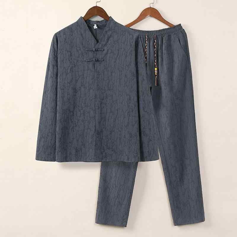 セットアップ メンズ 秋冬 中国風 レトロ ジャカード織り 盤ボタン ゆったり カジュアル 綿混紡 長袖 Tシャツ ロングパンツ 若者向け