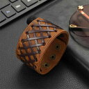 ブレスレット メンズ 男性用 牛革 レザー 編み込み ワイド レトロ パンク 個性的 ブラウン ファッション アクセサリー カジュアルスタイル