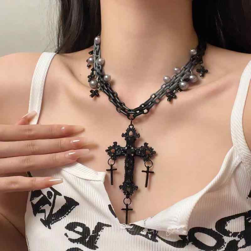 ネックレス ユニセックス 十字架 クロス パール パール タッセル フリンジ チョーカー ブラック パンク..