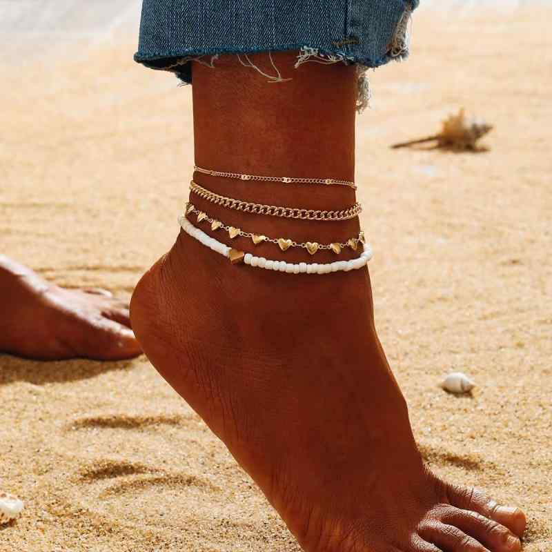 アンクレット レディース 欧米風 レトロ ヴィンテージ シンプル ハートモチーフ 丸ビーズ 多重 重ね付け ビーチ リゾート カジュアル 合金製 アクセサリー ...