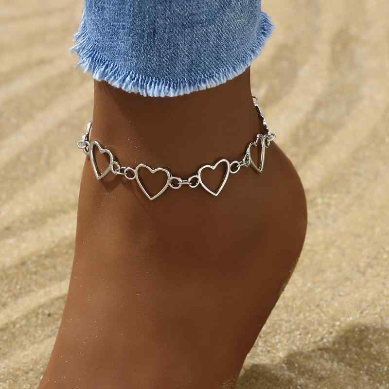 アンクレット レディース 欧米ファッション ビーチ リゾート 透かし彫り ハート型 シンプル カジュアル 多用途 ハートチェーン 合金 ゴールド シルバー