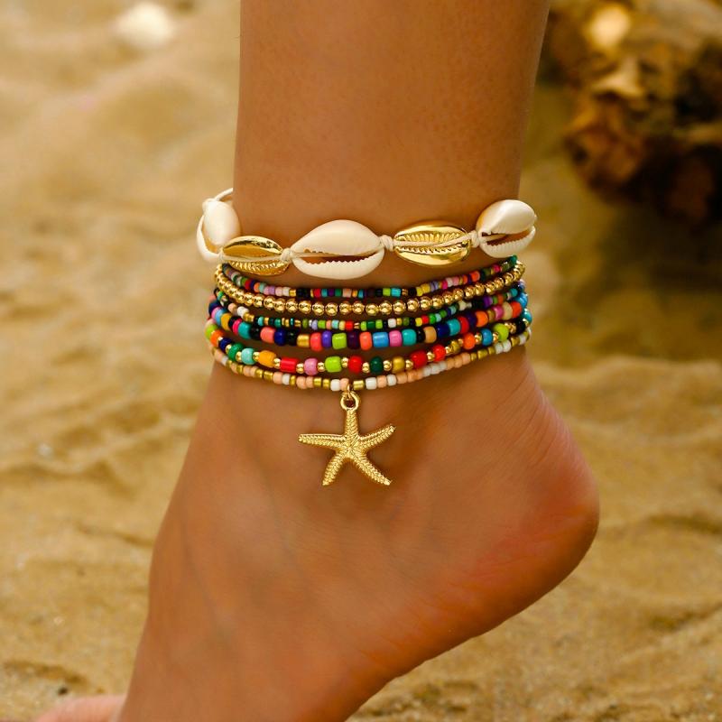 アンクレット ユニセックス シンプル 手編み 樹脂素材 米ビーズ ヒトデ シェル 貝殻 海辺 ビーチ ハワイ リゾート風 カジュアル スタイル 春夏 メンズ レ...