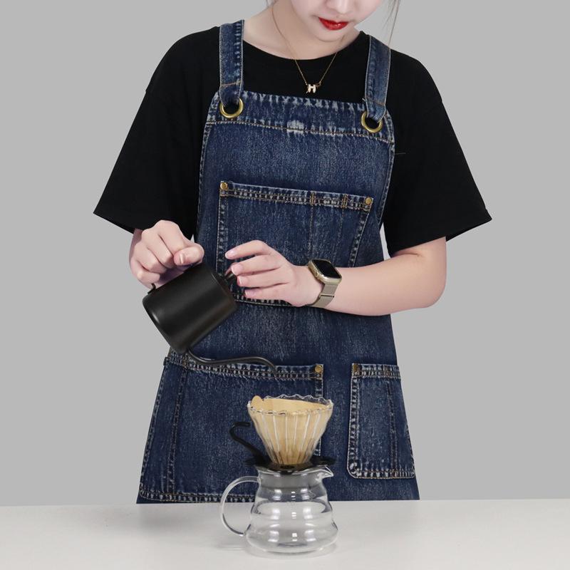 エプロン 男女兼用 デニム ウォッシュド サロペット 細見え 防汚 ノースリーブ オーバーオール カフェ ..