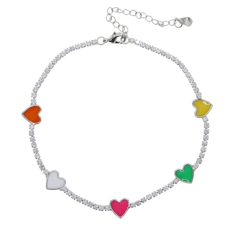 アンクレット レディース 春夏 カラフル ドロップオイル ハート形 2mm ジルコニア テニスチェーン 調節可能 銅製 ファッション おしゃれ ギフト プレゼン...