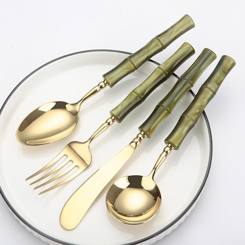カトラリー 高級感 304ステンレス製 電気メッキ加工 アクリル 竹節デザイン ディナーセット 北欧風 オリーブグリーン 鏡面仕上げ ハンドメイド