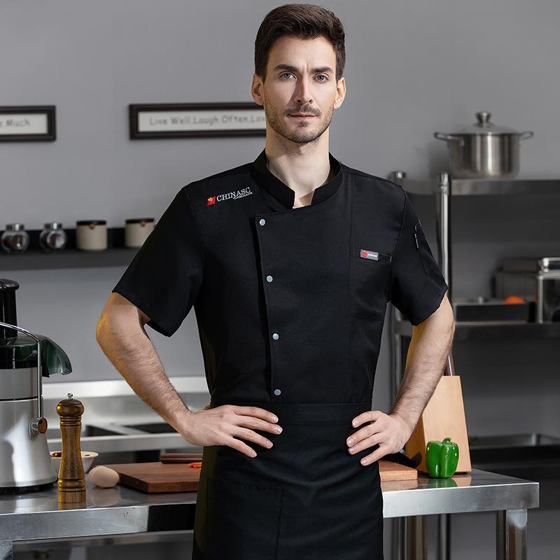 コックコート メンズ 吸汗速乾 通気性 薄手 半袖 夏用 ホテル 飲食店 厨房 レストラン ユニフォーム 作業服 綿混 大きいサイズ 白 黒 青 灰