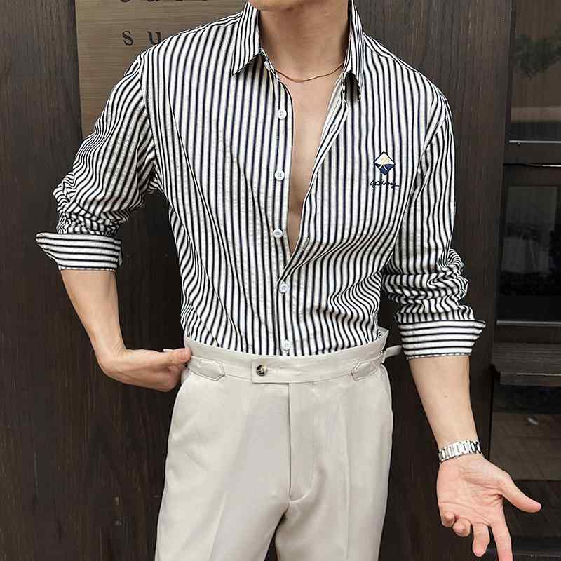 シャツ メンズ 秋冬 厚手 綿混 シアサッカー ストライプ ゆったり 刺繍 長袖 きれいめカジュアル レギュラーカラー ブルー カーキ