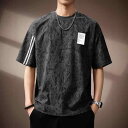 Tシャツ メンズ 接触冷感 シアサッカー 薄手 軽量 総柄 ストライプ ゆったり オーバーサイズ クルーネック 五分袖 半袖 春夏 デイリーユース カジュアル