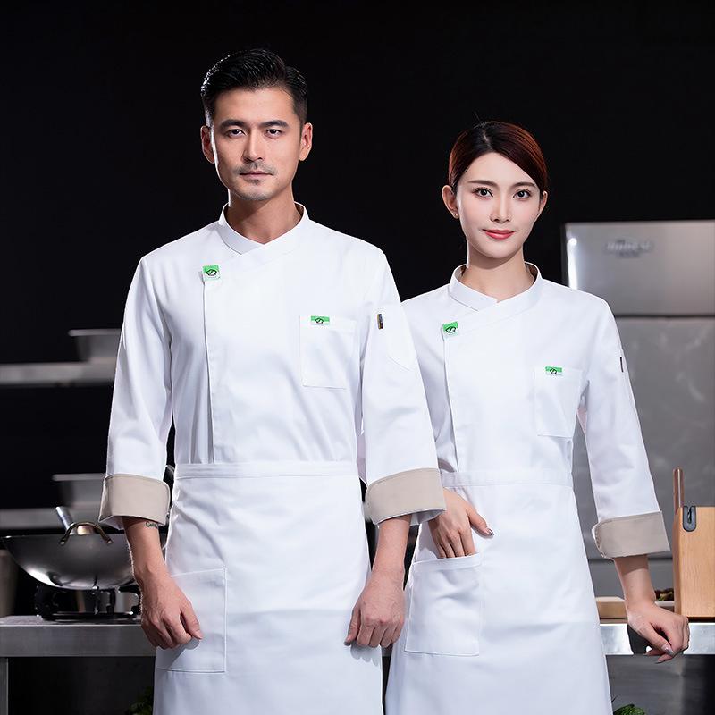 厨房ユニフォーム メンズ 吸湿速乾 ホテル レストラン 飲食店 調理服 シェフ コックコート 斜め襟 長袖 ホワイト 制服 綿混 作業着 上着