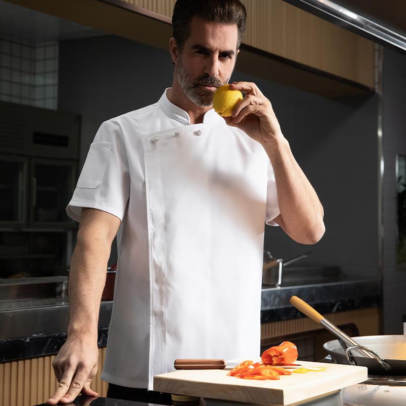 コックコート メンズ 男性用 吸汗速乾 半袖 綿混素材 中華風 ホテル 飲食店 厨房 調理服 シェフ 料理人 制服 ユニフォーム 白 黒 春夏