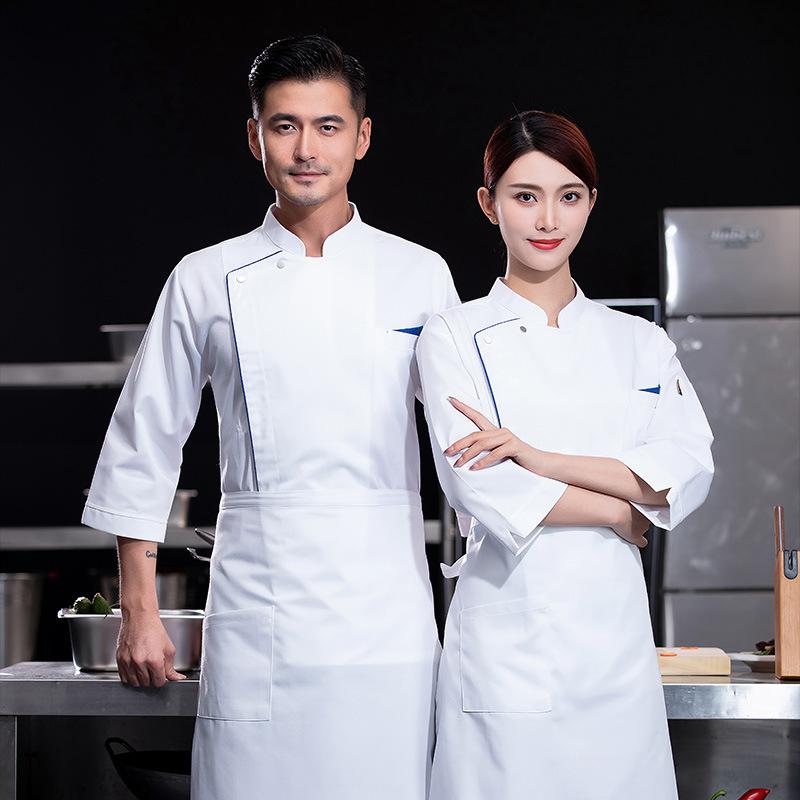 コックコート 男女兼用 吸湿速乾 七分袖 飲食店 ホテル 厨房向け 調理服 作業着 ユニフォーム シェフ パティシエ ベーカリー 綿混素材 白 黒