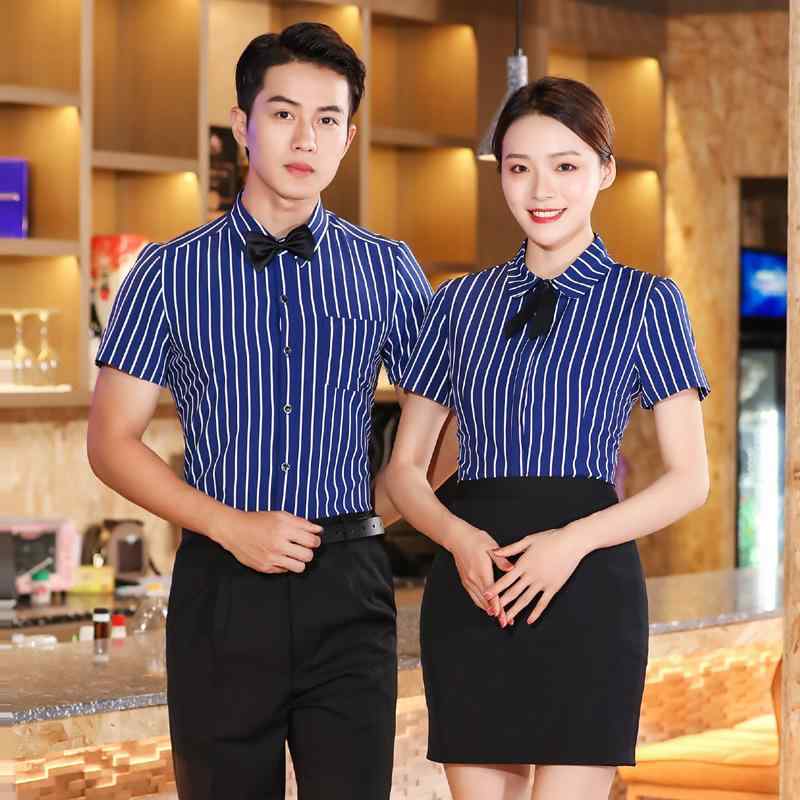 制服 レディース 吸汗速乾 半袖 チャイナ風 飲食店 ホテル 中華料理店 火鍋店 カフェ ホールスタッフ ユニフォーム 綿混 ポリエステル素材 ストライプ柄 夏用