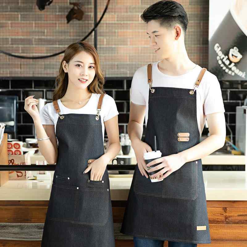 エプロン メンズ 難燃 デニム ロング丈 綿素材 業務用 飲食店 カフェ キッチン作業服 制服 ユニフォーム 肩掛け 胸当て付き 防汚 おしゃれ 韓国風