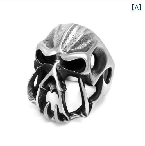 楽天モズラボ指輪 メンズ スカルリング 個性派デザイン ロックテイスト チタン鋼製 シルバーカラー ワイルド ハード ナイトクラブ ファッション カジュアルアクセサリー 普段使い 幅広