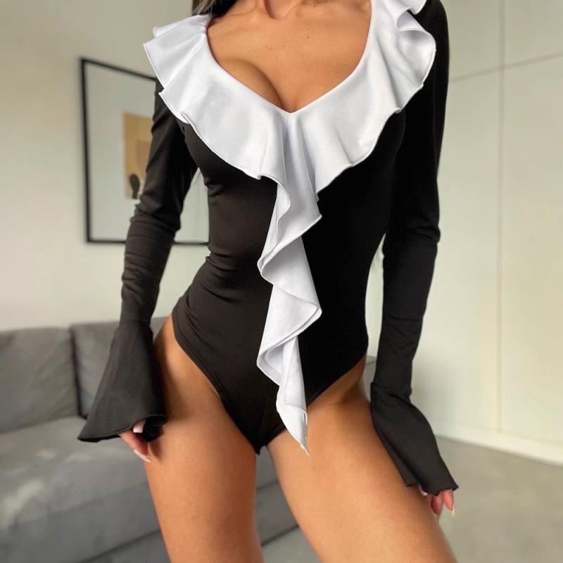 オールインワン レディース Vネック フリル フレアスリーブ 細見え スタイルアップ タイト クロップド丈 薄手 ポリエステル ストレッチ 春夏 切り替え 欧米風 大人カジュアル