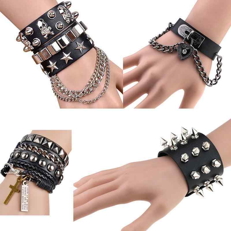 ブレスレット メンズ レディース パンク レザー 多重 星 スカル スタッズ ゴシック 幅広 ストリートファッション ワイルド ロック系 ペアセット ブラックアクセサリー