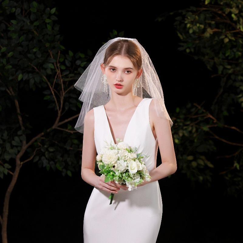 ヴェール 花嫁 ブライダル ウェディング ショート丈 二層 レース ふんわり シンプル エレガント 優美 ..