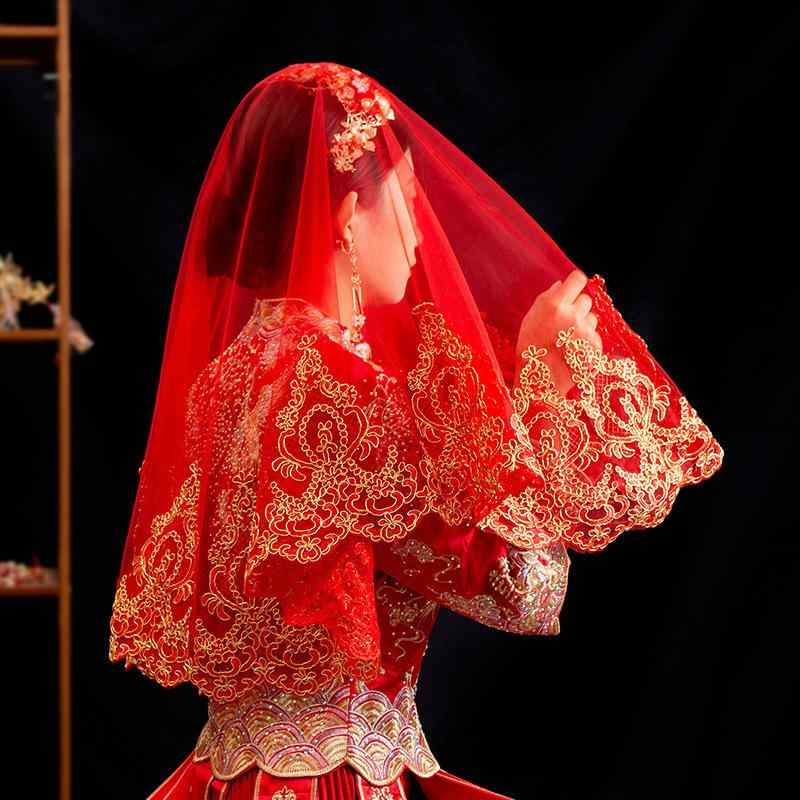 ウェディングベール 花嫁 ブライダル 中国式 ヘッドドレス 高級感 半透明 チュール シースルー 結婚式 ..