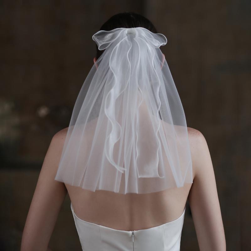 ベール 花嫁 ウェディング ショート丈 レース リボン 結婚式 前撮り 後撮り フォトウェディング 海外挙..