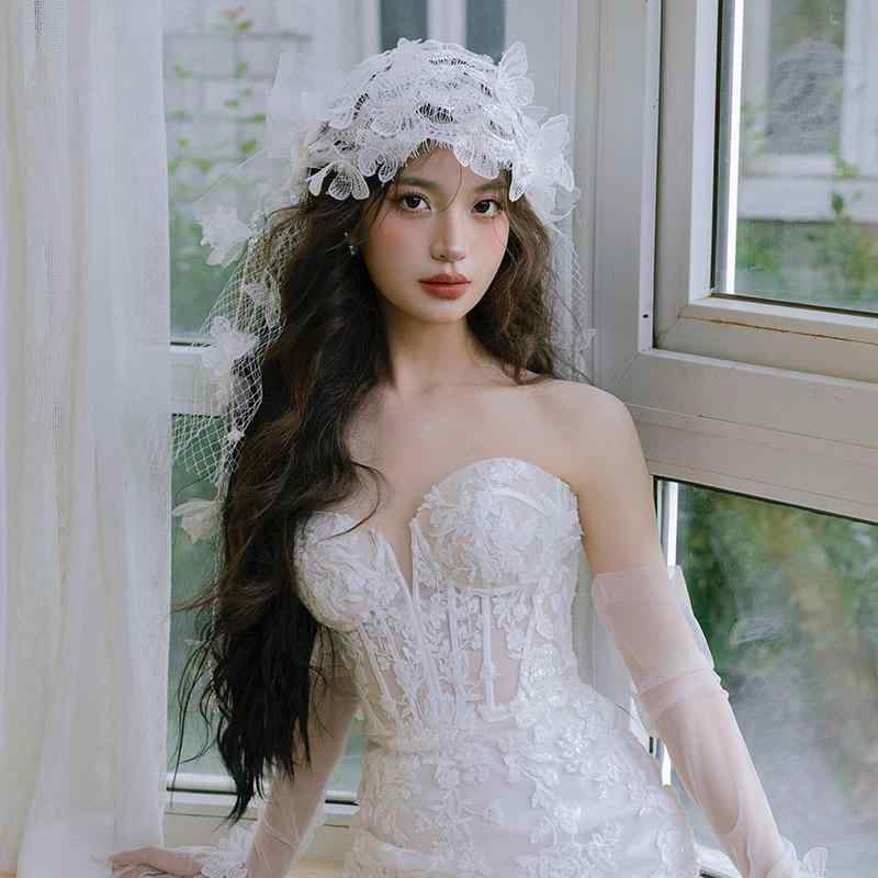 ブライダル ウェディング ベール レディース フレンチ レース花柄 レトロ ヴィンテージ キャップベール..