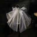 ベール レディース ショート丈 パール レース リボン 2層 韓国風 エレガント ウェディング 結婚式 花嫁 前撮り 二次会 オフホワイト ナイロン素材(x3)