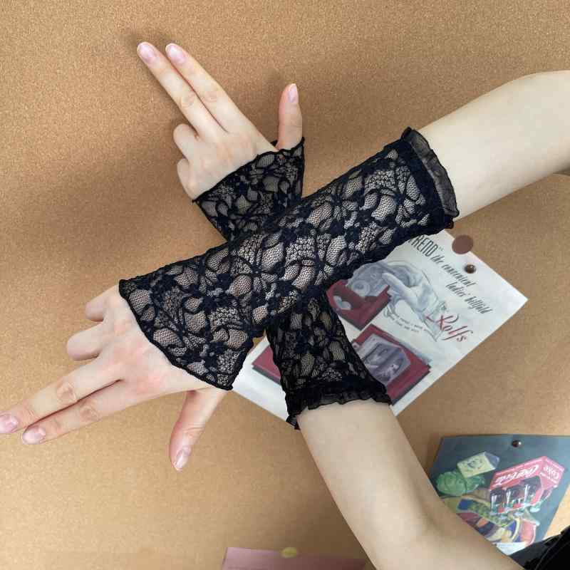 UVカットアームカバー レディース 薄手 シアー レース オーガンジー 花柄フリル ガーリー 日焼け対策 通気性 無地 春夏 フリーサイズ(x3)