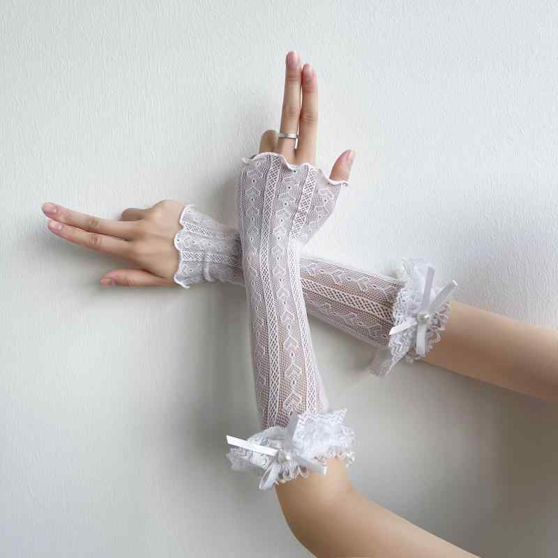 アームカバー レディース UVカット 日焼け防止 薄手 ハート柄 レース フリル ロング丈 綿混 コットン スイート ガーリー 日よけ手袋 春夏(x3)