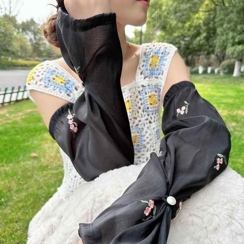 アームカバー レディース 接触冷感 UVカット レース メッシュ シアー素材 夏用 日焼け防止 花柄デザイ..