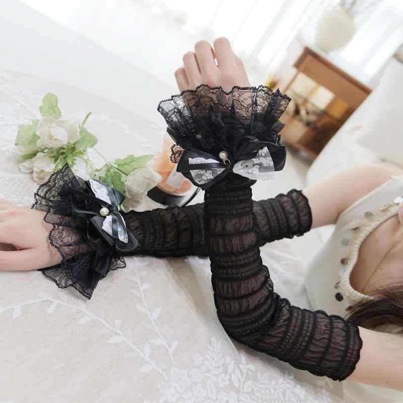 アームカバー 接触冷感 UVカット 日焼け対策 レース フリル リボン シフォン メッシュ 薄手 軽量 ロンググローブ ウェディング ロリータ ブライダル ホワイト ブラック 春夏 おしゃれ エレガント(x3)