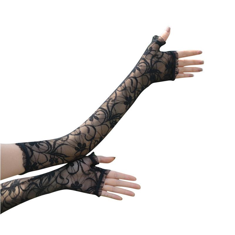 手袋 レディース UVカット ロング丈 ハーフフィンガー レース 春夏 アームカバー ドライブ サイクリング ダンス 発表会 花柄 黒 レトロ セクシー