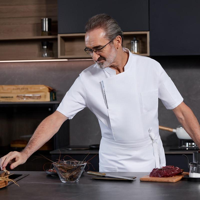 コックコート メンズ 夏用 半袖 吸汗速乾 調理服 シェフ服 飲食店 厨房 ホテル レストラン 洋菓子店 パン屋 業務用 作業着 綿混紡 上着